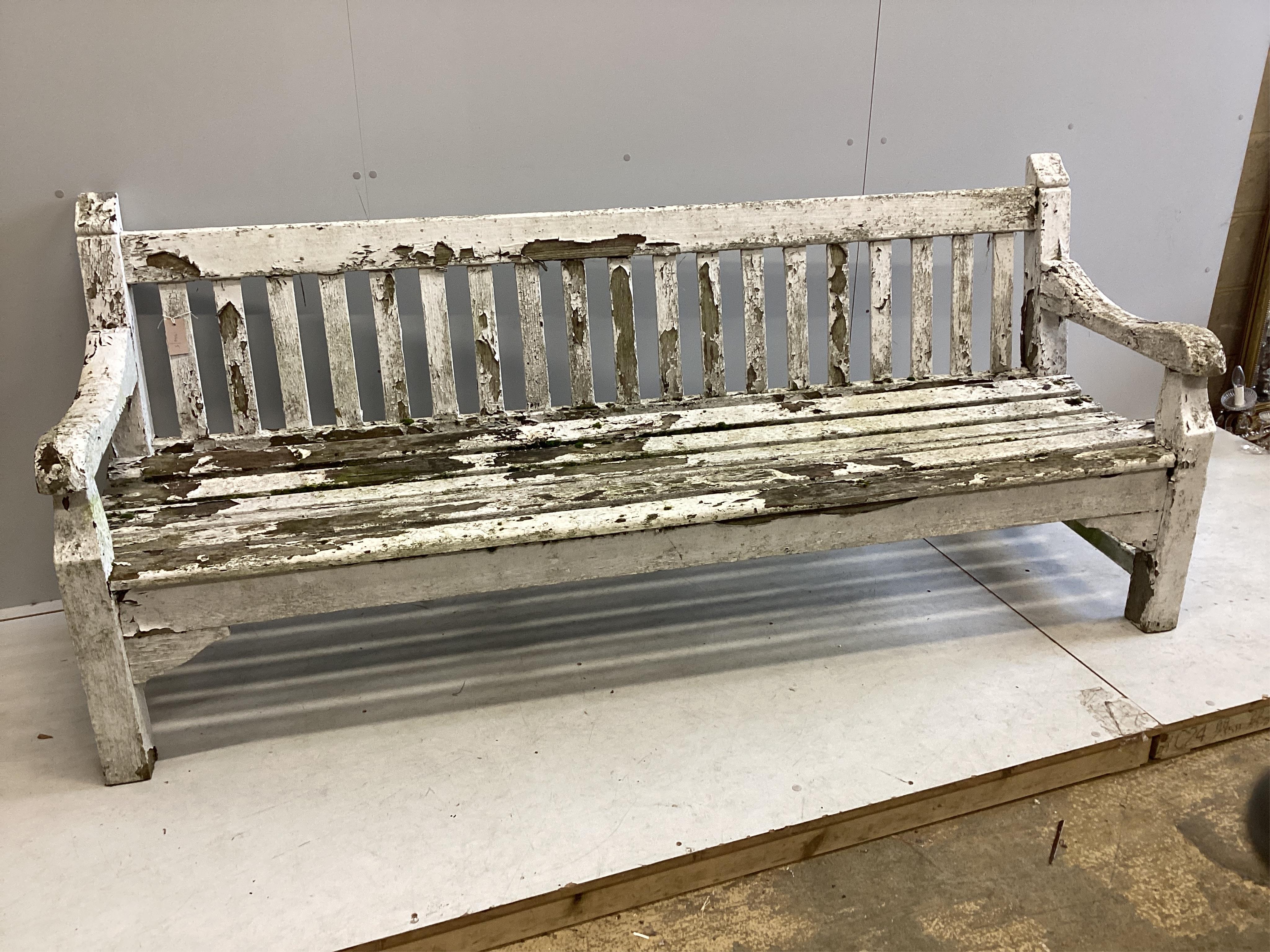 A Lister style painted slatted wood garden bench, width 214cm, depth 61cm, height 88cm. Condition - poor